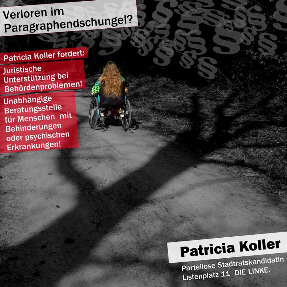 Patricia Koller fährt im Rollstuhl durch einen düsteren Paragraphendschungel. Text wie unter dem Foto.